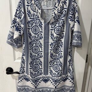 Blue & White Tassel Neck Tunic Top –‎ Boho Style – Approx. Size M/L